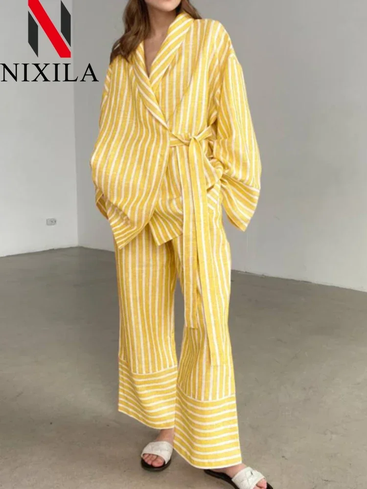 New in Spring Summer Striped Long Sleeved Loose Tie Up Sets for Women 2 Pieces Fashion Leisure Pant Sets Elegant Women\'s Suits