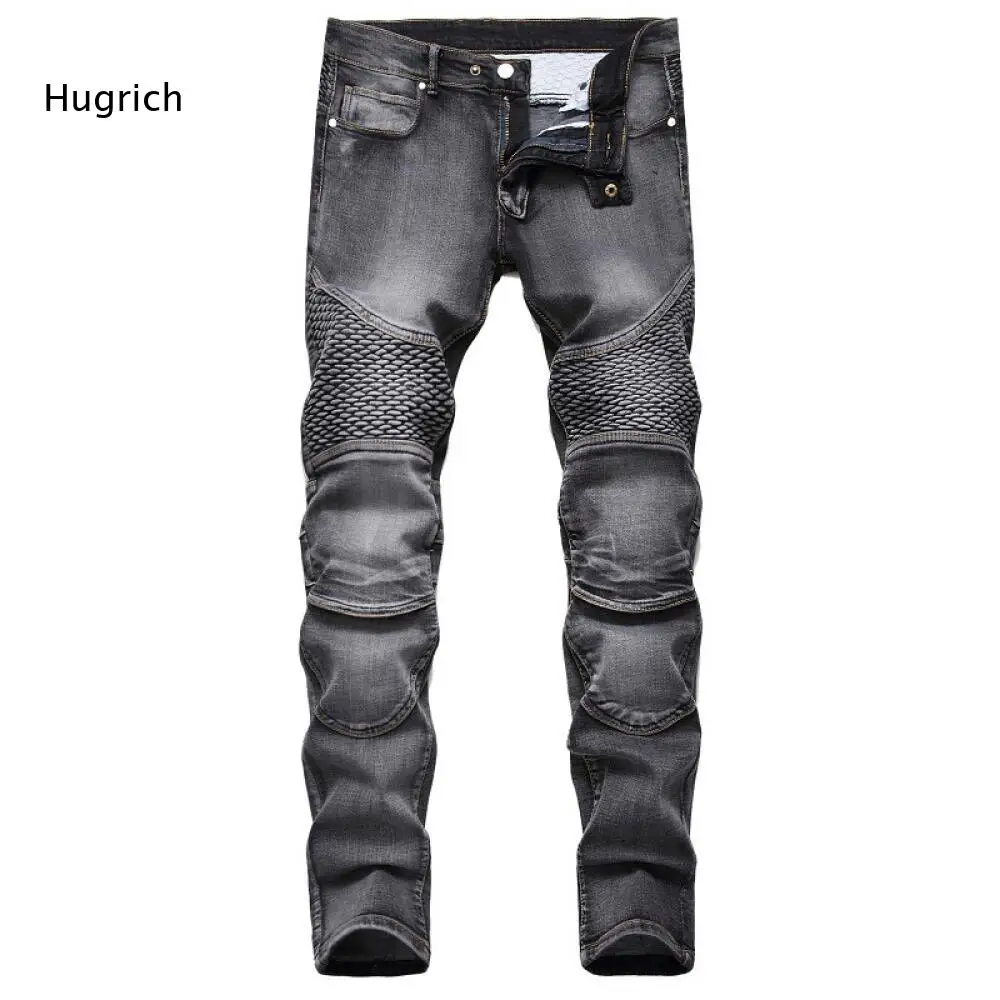 Vintage Washed Biker Denim Trousers For Men Quilted Knee Panel Stitching Slim Cut For Motorcycle Inspired Street Fashion Style