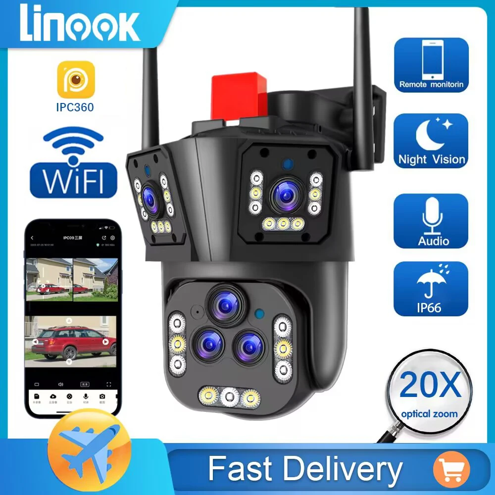 Linook 20MP 8K 20X zoom, wireless outdoor CCTV home connection phone, outdoor WIFI camera, 5 lenses, 360 degree waterproof alarm