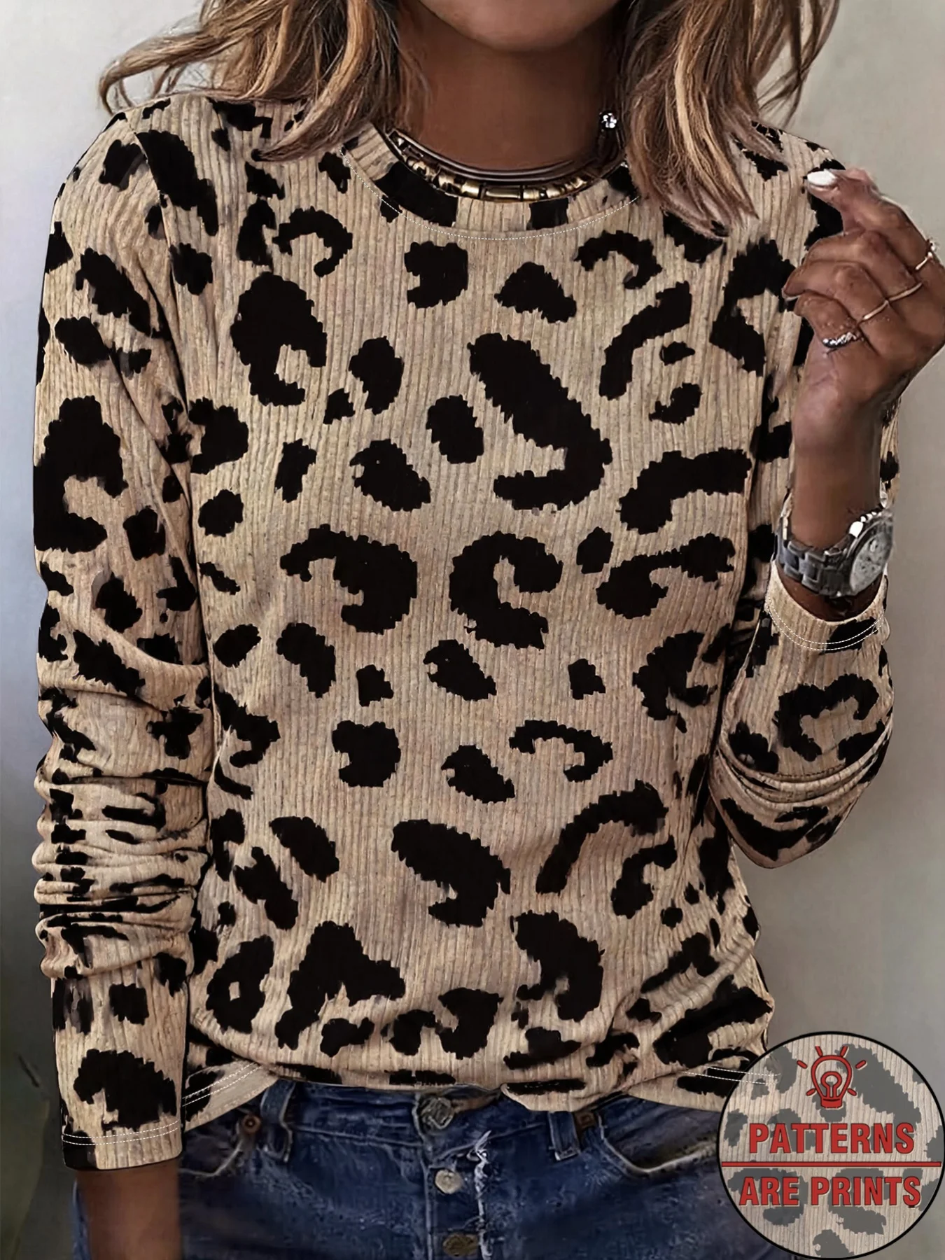 Women Long Sleeve Top Classic Leopard Animal Skin Print Crew Neck Autumn Festival Gift Casual Daily Wear Women's Clothes