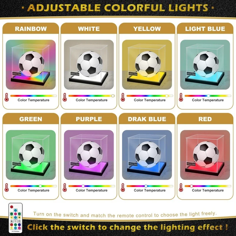 Acrylic DustProof Soccer Display Case with Color Changing LED Light, Clear Full Size Memorabilia Box for Autographed Ball