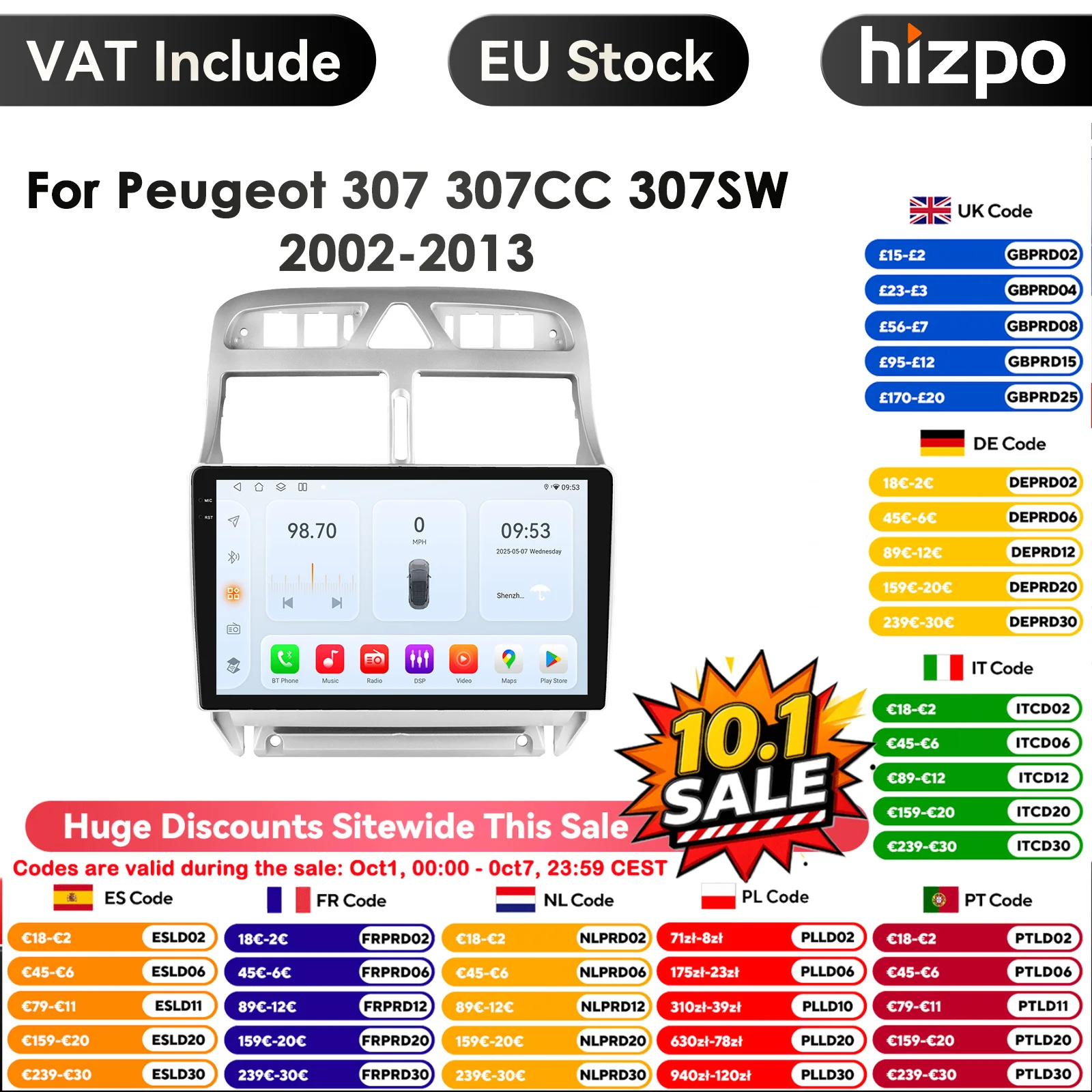 8GB + 128GB AI Voce Per Peugeot 307 SW 307CC 307SW 2002 - 2013 Autoradio 2 Din Android Auto Multimedia GPS Track Carplay 2din