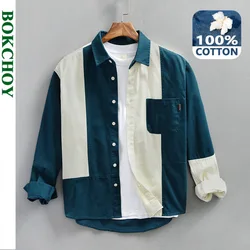 2024 Spring Autumn New Pure Cotton Pathwork Cargo Long Sleeve Shirts for Men Clothing Casual Loose Soft Streetwear AZ992