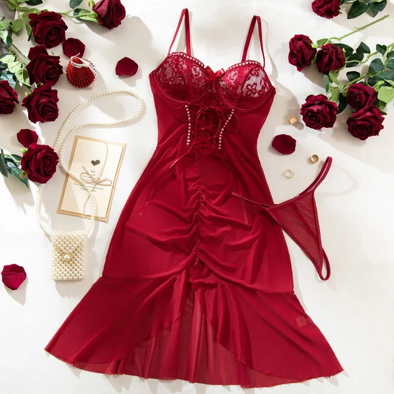 

Bikini Lace Patchwork Hollow Nightdress Tie-Up See-Through Mesh Sexy Lingerie Two-Piece Set