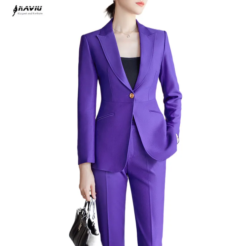 

NAVIU Purple Suits Women New Autumn Fashion Temperament High End Business Long Sleeve Blazer And Pant Sets Office Lady Work Wear