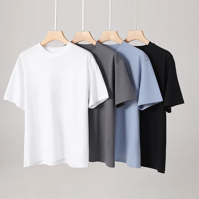High-End Liquid Nitrogen 100% Mercerized Cotton Men'S Short-Sleeve Top Summer Round-Neck Loose T-Shirt Simple Base Shirt