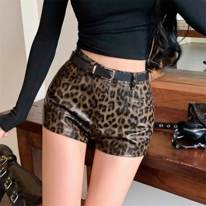 

Hot Girl Brown Leopard Slim Shorts High Waist Skinny PU Leather Spicy Shorts American Retro Shorts Sexy Streetwear