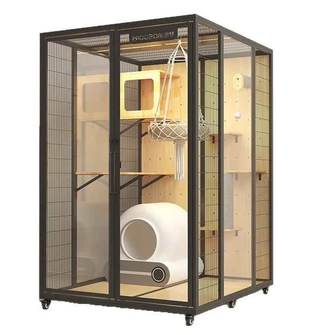 

Большая панорамная клетка-вилла для кошек из массива дерева с панорамным остеклением, домик-лежанка для питомцев