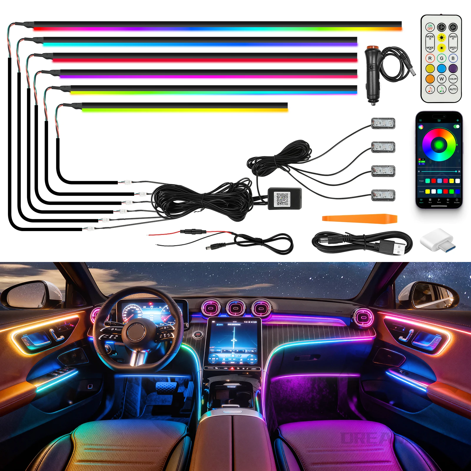 

Светодиодный комплект для внутренней подсветки автомобиля LED Symphony 10 в 1 с управлением через приложение, музыкальным синхронизированием, акриловыми полосами RGB и атмосферной подсветкой для авто