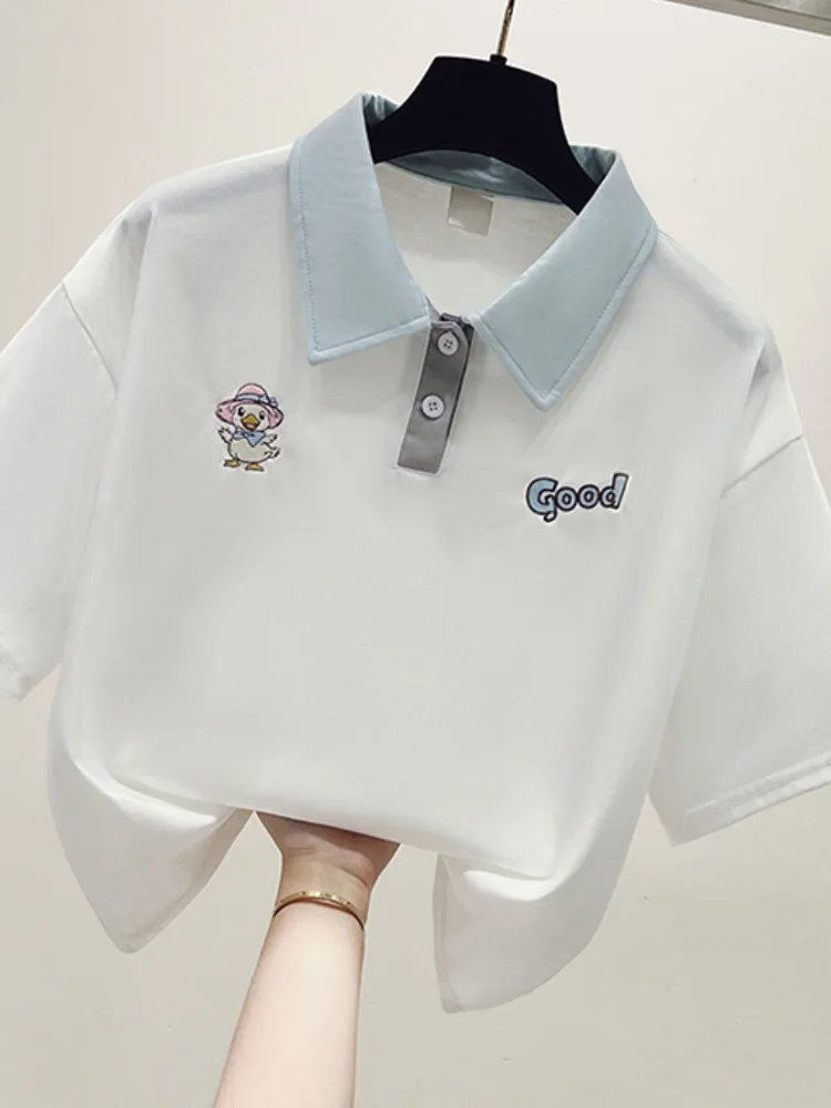 Colletto rovesciato ort Sve irt T-shirt ricamata bianca nuova estate da donna in puro cotone allentato f Sve Top