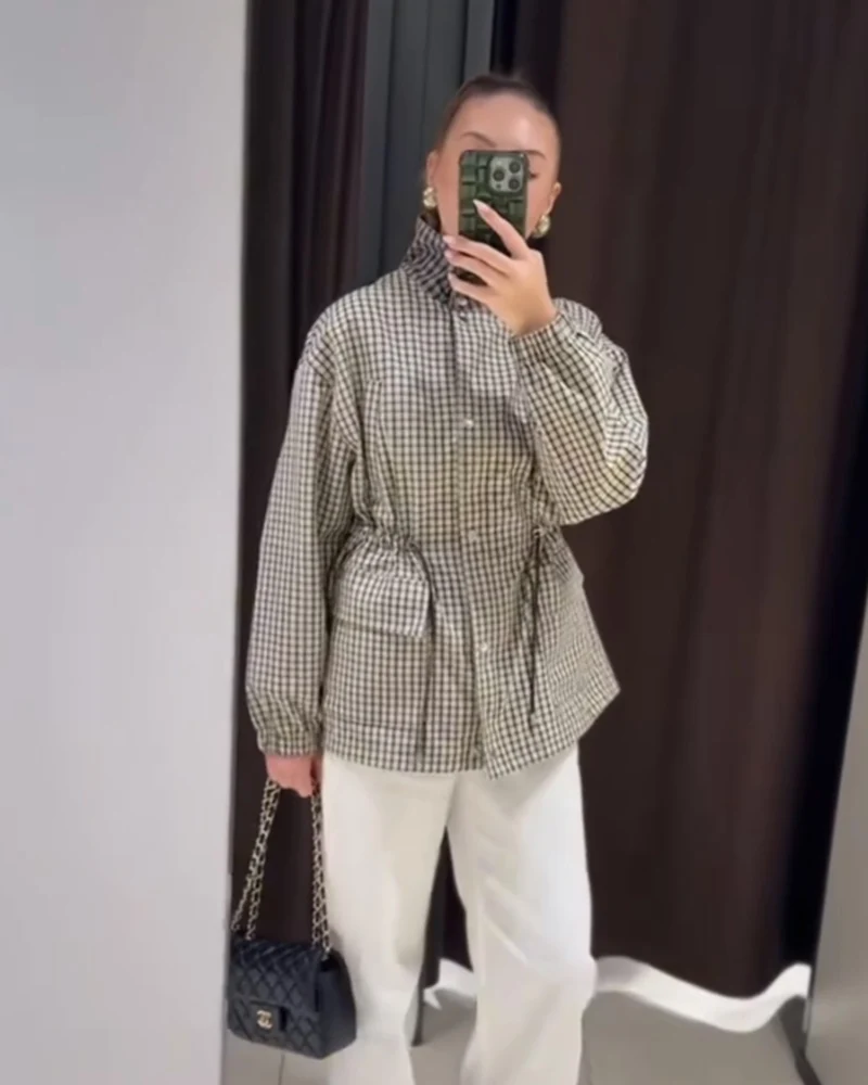 Oversize Women Jacket Drawstring Waist Plaid Coat Windbreaker Mid-Length Female Jackets 2026 Autumn New Chic Women's Outerwear image 4