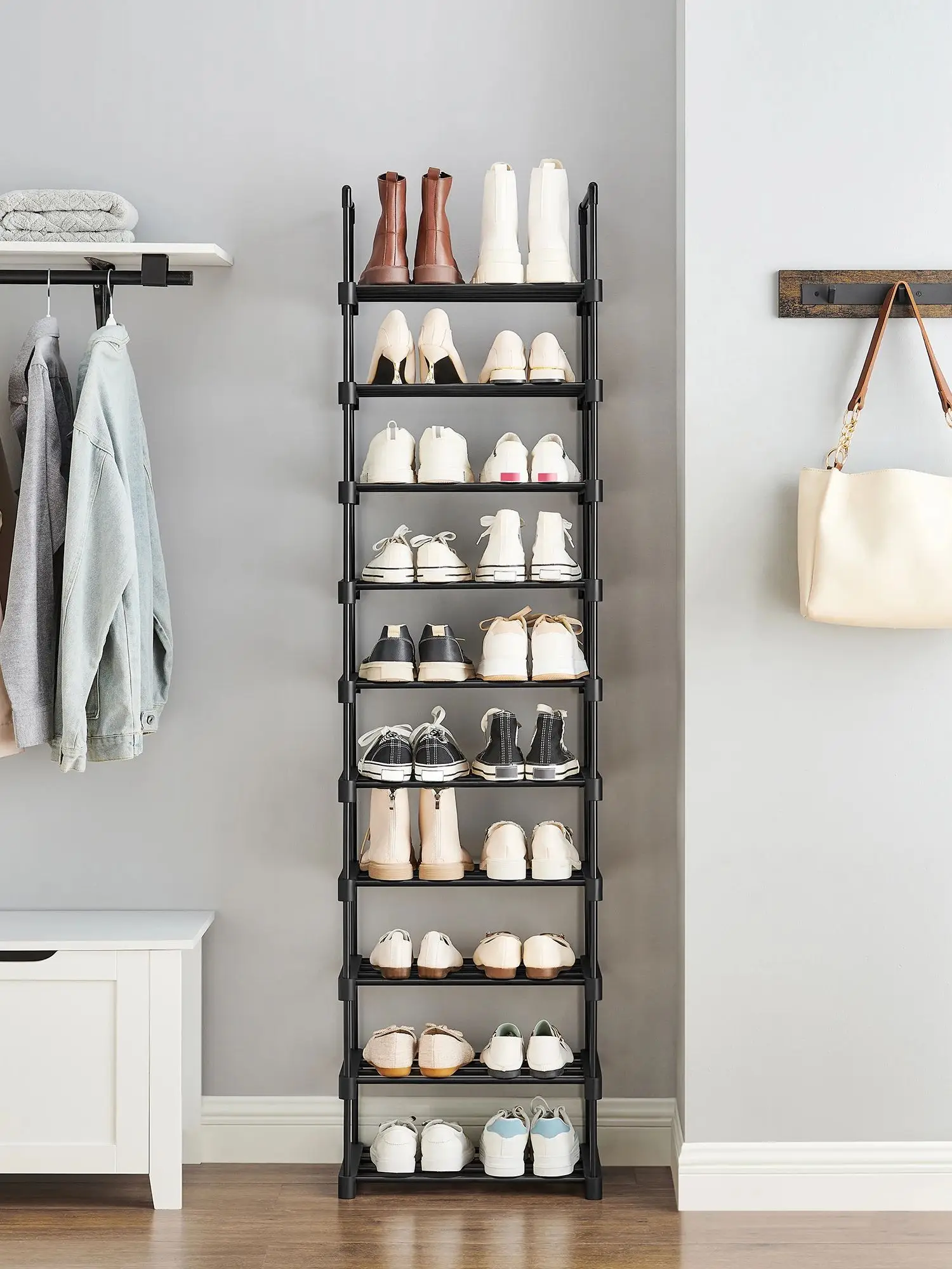 SONGMICS Schuhregal mit 10 Ebenen, offener Schuhschrank hoch, Schuhständer schmal, Schuhaufbewahrung, aus Metall, platzsparend