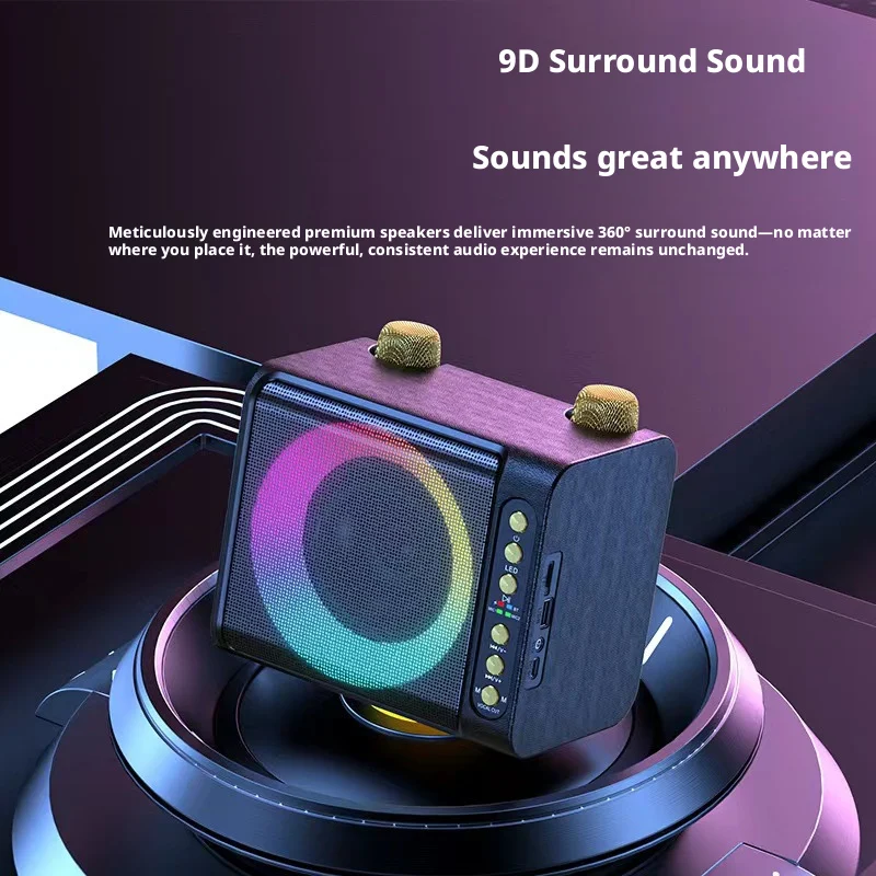 

Портативная Bluetooth-колонка с двумя микрофонами, беспроводная, для караоке, с RGB-подсветкой, для дома и улицы