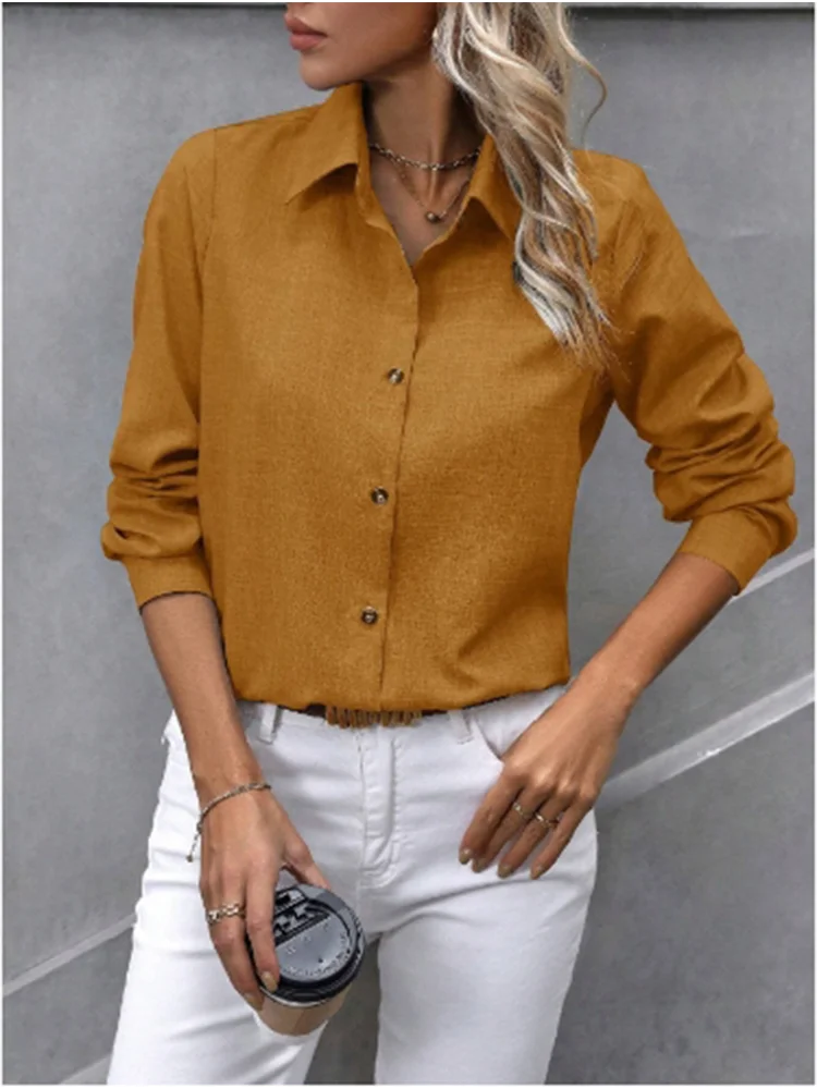 Women's Button Lapel Long Sleeved Solid Color Casual Shirts Daily Office Lady Temperament Autumn Top