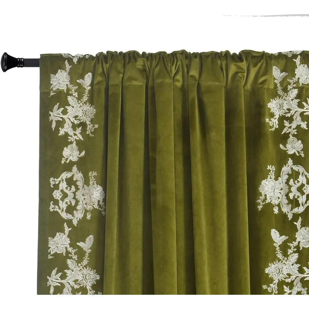 Elegant Olive Green Velvet Curtains with White Floral Embroidery, 52 Wide x 96 Long, Set of 2 for Home Decor