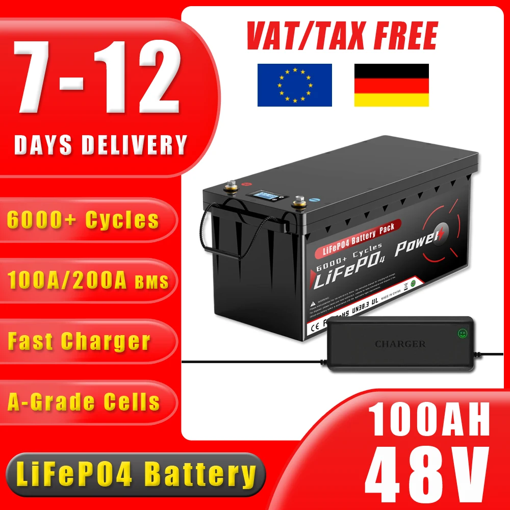

New 48V 100Ah LiFePO4 Battery Grade A 6000+ Deep Cycle Built-in BMS with Charger For Solar Storage Boat No Tax