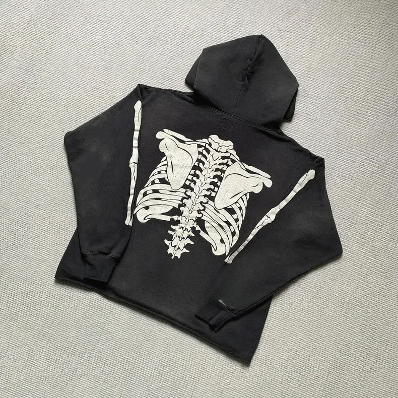 

2025ss Washed Black Saint Michael Women Hoodies Hip Hop Oversized Pure Cotton Skeleton Printing Men Clothing