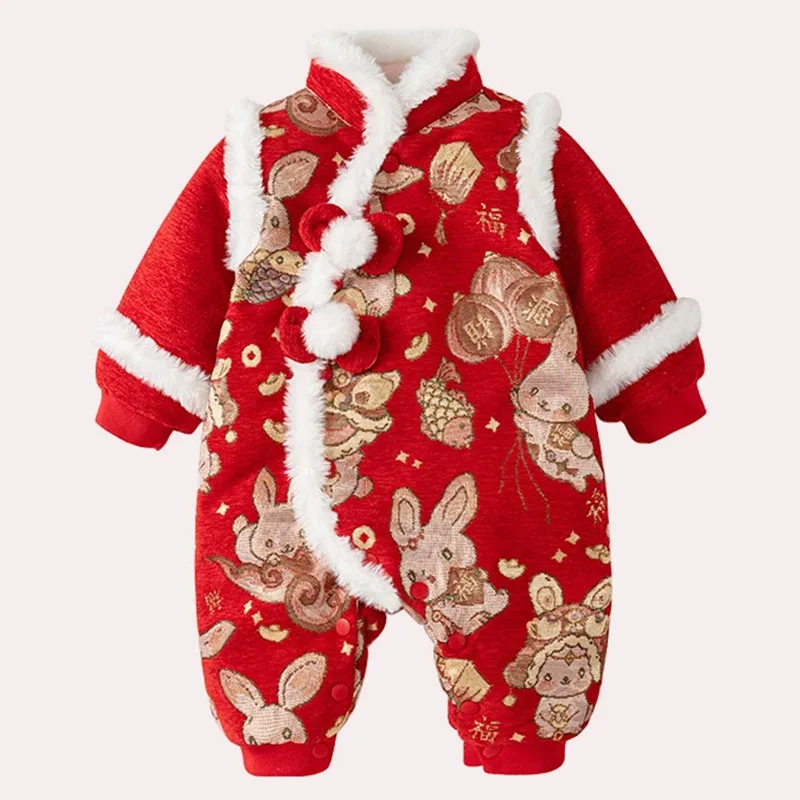 

Winter Newborn Girl Clothes Chinese New Year Baby Outfit Cartoon Cute Fleece Warm Thick Red Jumpsuits China Style Romper B190