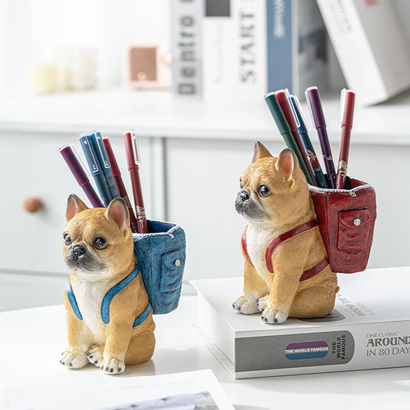 Cute Puppy Pen Holder Desktop Ornament Resin Pen Holder Office Desktop Stationery Storage Container Students Gift