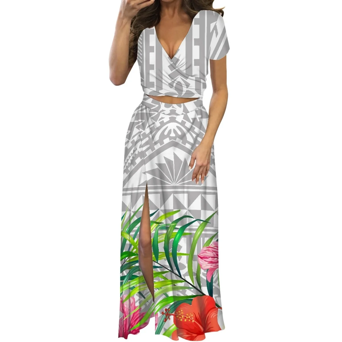 

Wholesale Slim Fit Maxi Two Piece Suit Puletasi Custom Tribal Design Women Samoan Polynesian Hibiscus Flower Print Elegant Dress