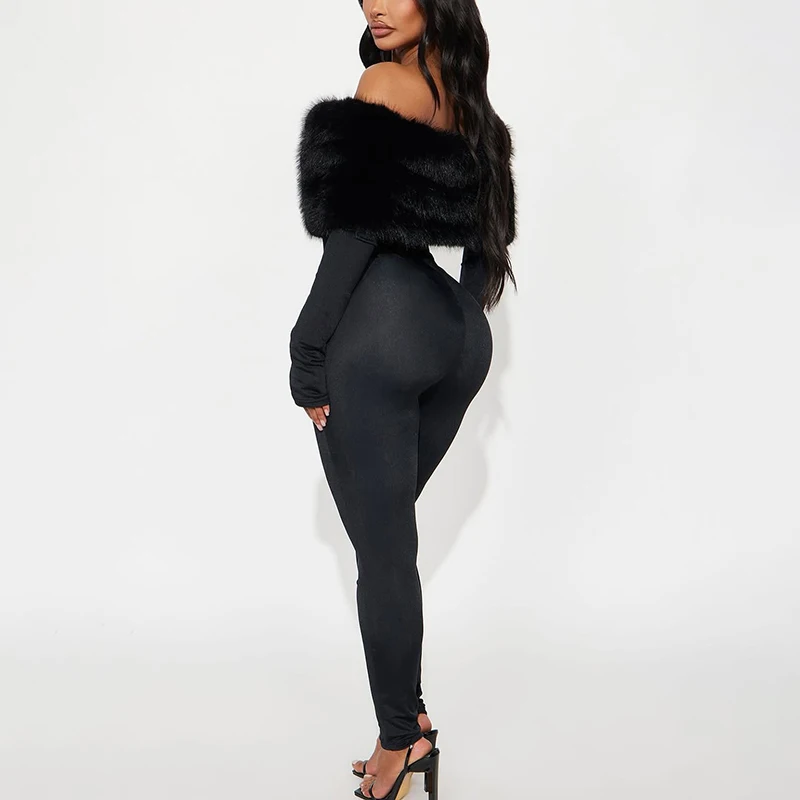Woman Off shoulder Long jumpsuits furry collar long sleeve bodysuit Winter sexy elegant full length for enteritos Tight Overalls