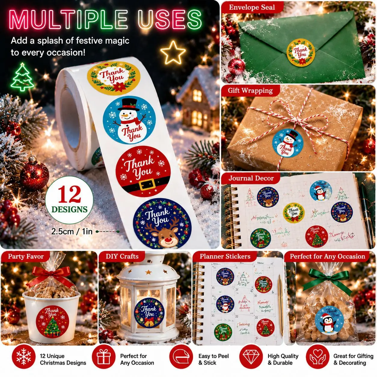 500pcs Roll Stickers Round Colorful Christmas Snowflake Graffiti Stickers Seal Label Decorative Cartoon Kids Party Candy Sticker