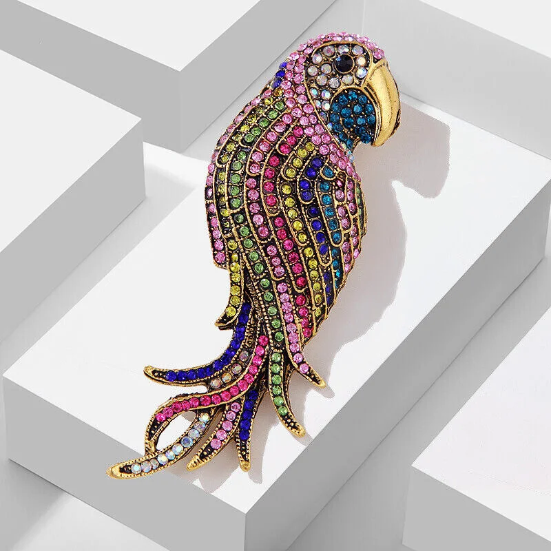 Vintage Colorful Parrot Brooch Alloy Animal Full of Rhineston and Oil Dripping Versatile Clothing Accessories