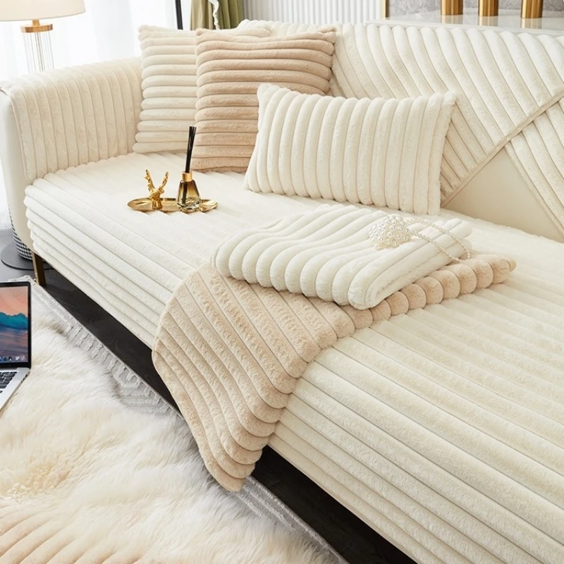 Verdickter Plüschstreifen-Imitat-Kaninchenfell-rutschfester Sofabezug, für Winter, Wohnzimmer, Couch, Sitzdekoration, Schonbezug, Sofa-Handtuch – Detail 1