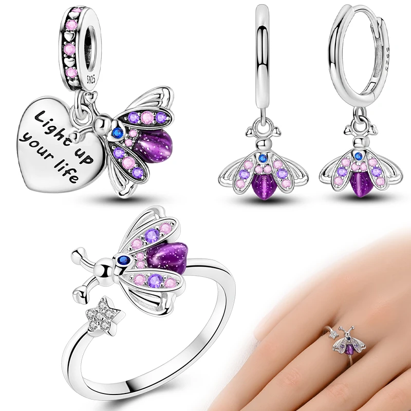 

Original Luminous Firefly Jewelry Sets 925 Sterling Silver Firefly Beads Rings Earrings Sets For Women Birthday Jewelry Gifts