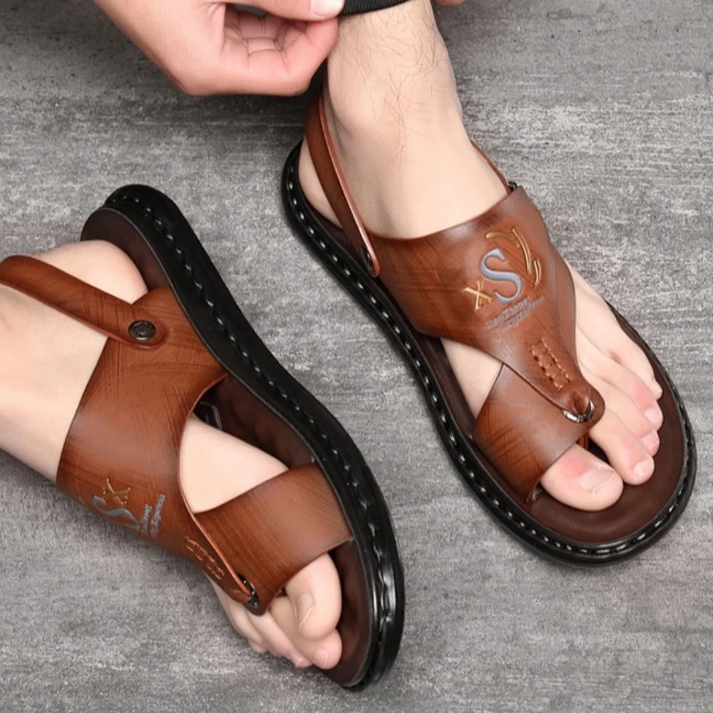 

Latex Insoles Thick Soled Slippers Anti Slip Anti Odor Slides Sandals Men PU Leather Beachwear Ankle Buckles Slippers Summer