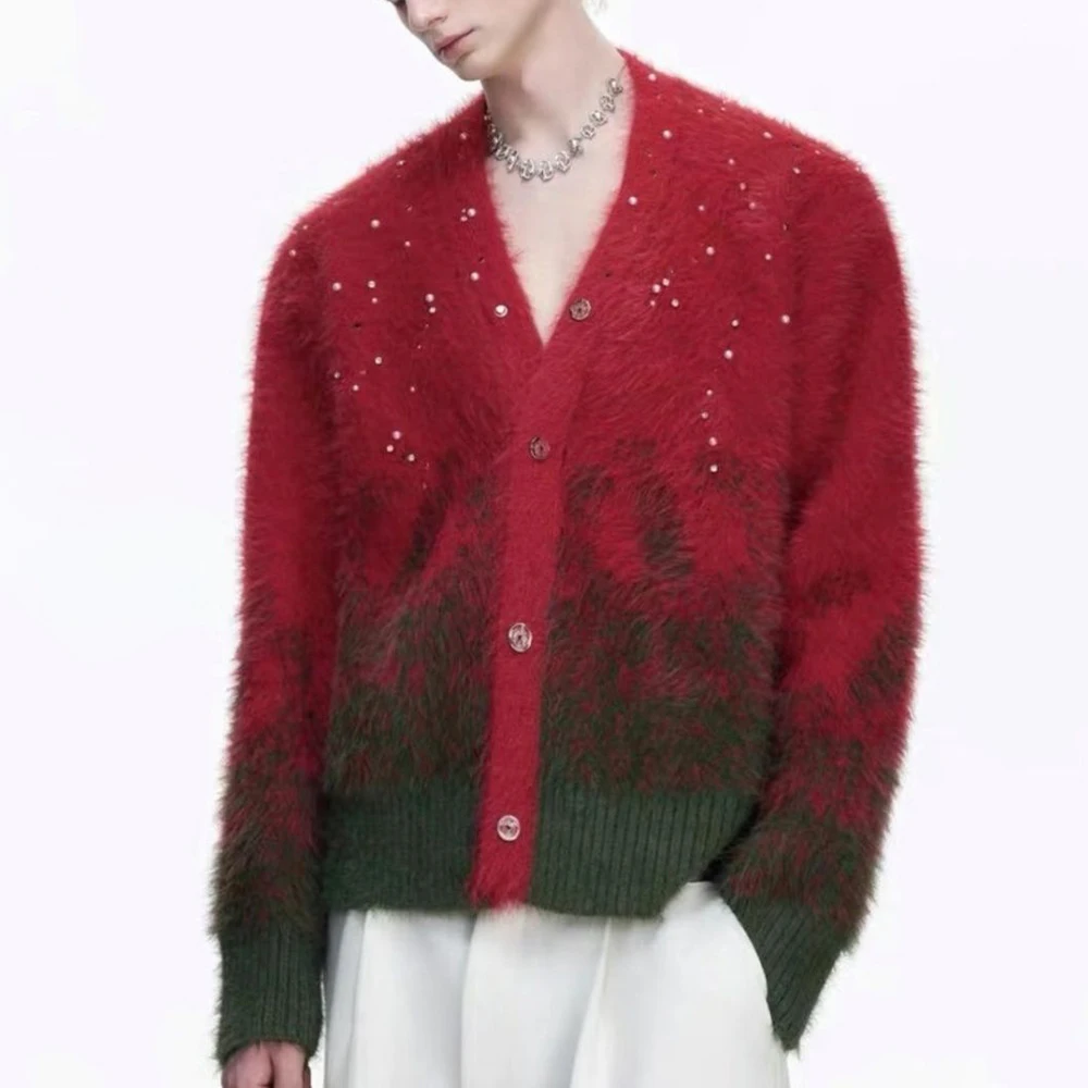 Mens Spring Sweater Y2k Rhinestone Pearl Gradient Color Blocking Knitwear Streetwear Fashion Outdoor Versatile Top Men'S Wear