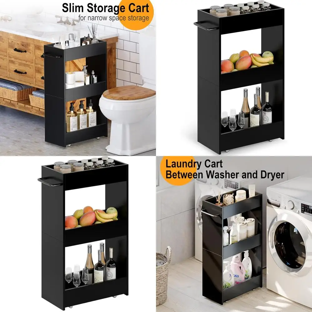 

Narrow 3-Tier Rolling Kitchen Cart with Utility Shelves for Laundry and Bathroom, Mobile Storage Unit for Small Spaces, Black