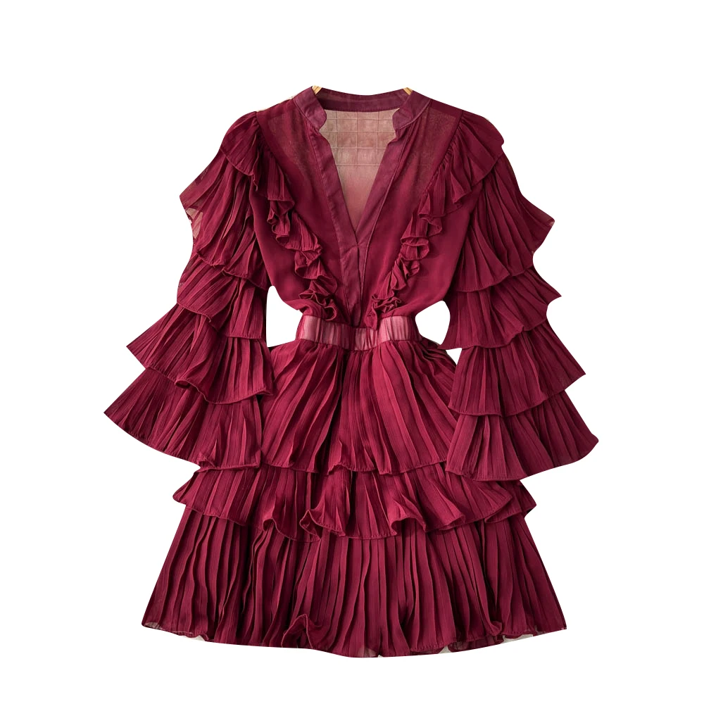 Novo Estilo de Outono, Saia Midi em Camadas, Saia Curta com Detalhes em Renda, Vestido de Chiffon com Manga Flare e Cintura Alta