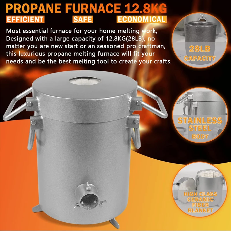 For Melting Gold Silver Copper Brass etc ,2700°F/1482°C 28LB Stainless Steel Propane Melting Furnace Kit - 12.8KG Capacity