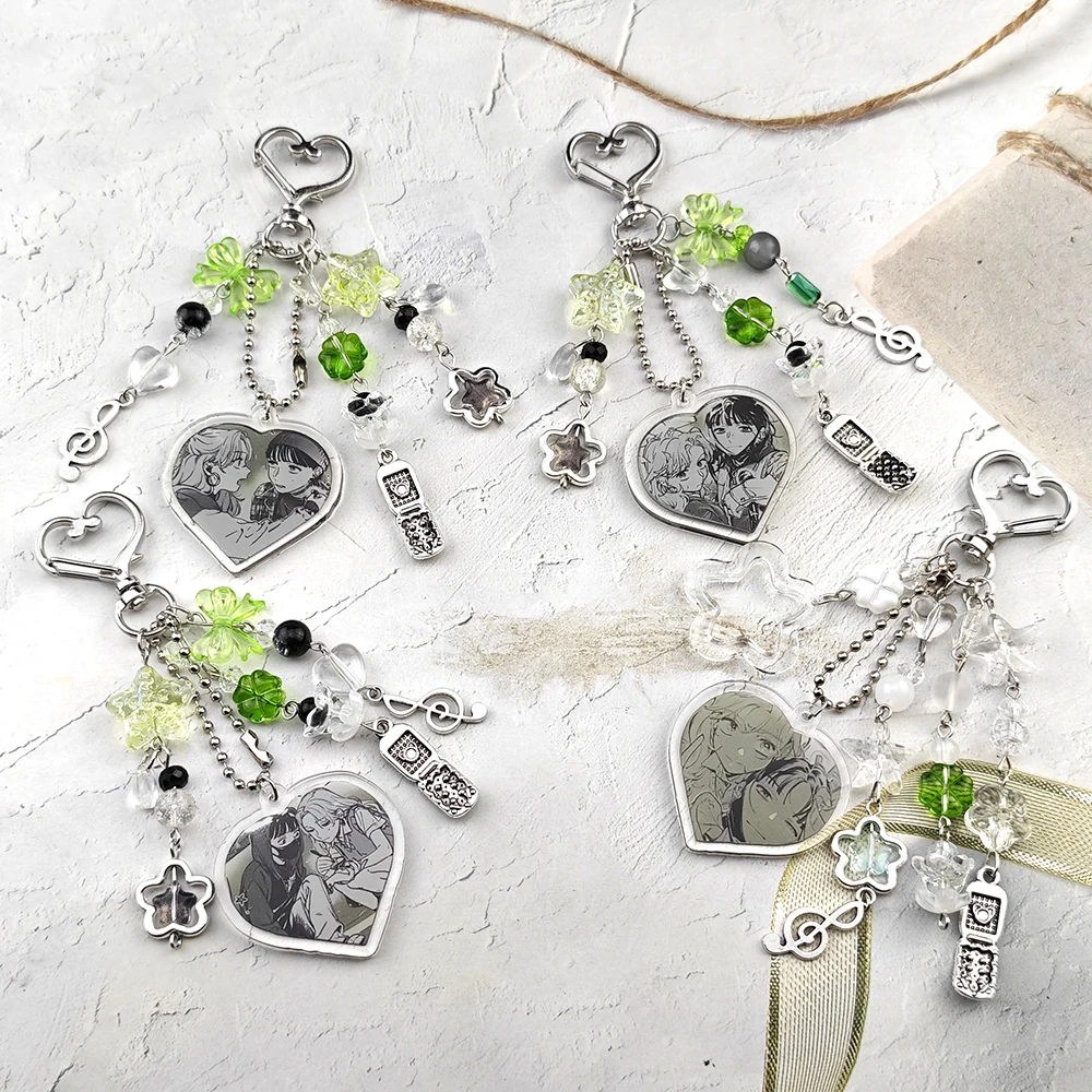 Manga the guy she was interested in wasn't a guy at all Heart Acrylic Tag with Flower & Clover Pendants Coquette Y2K Aesthetic