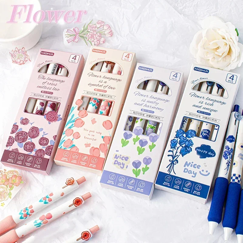 4pcs Chic Dream Floral Gel Pen for Kids Aesthetic Retro Flower Series Stationery Gel Pen Sweet 0.5mm Black Ink Pen for Wriitng