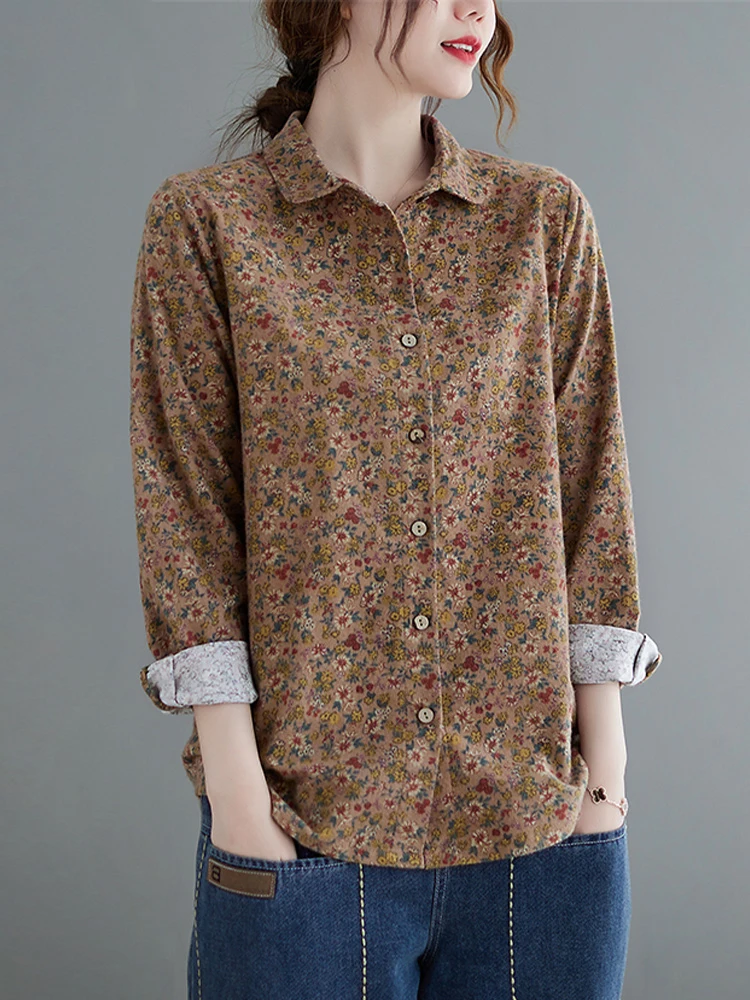 

Свободный хлопково-льняной длинный женский винтажный льняной топ с отложным воротником и цветочным принтом, повседневный льняной топ для похудения