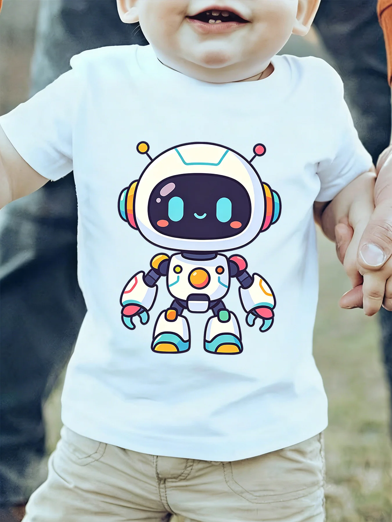 Lovely Smiling Little Robot Cartoon Tech Character Print Kids T Shirt Boys Girls Family Matching Summer Crew Neck Casual Tee
