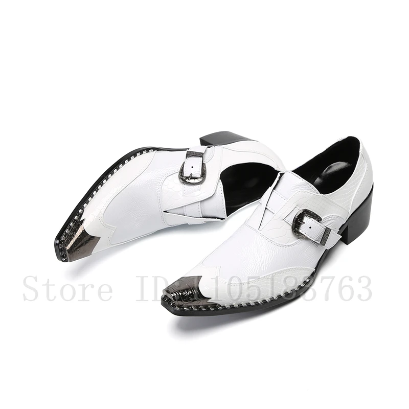 Men Handmade White Genuine Leather Shoes Metal Toe Rivets Buckle 6.5CM Increased Height Wedding Party Formal Shoes