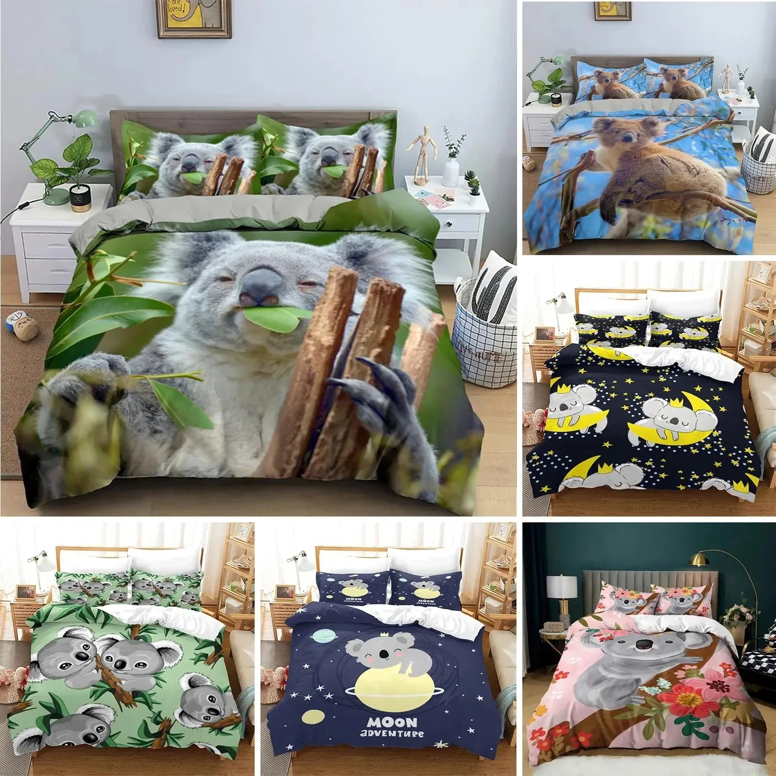 Cartoon Koala Duvet Cover King Queen Lovely Animal Bedding Set for Kids Teens Adults Wildlife Quilt Cover with Pillowcase 23PCS