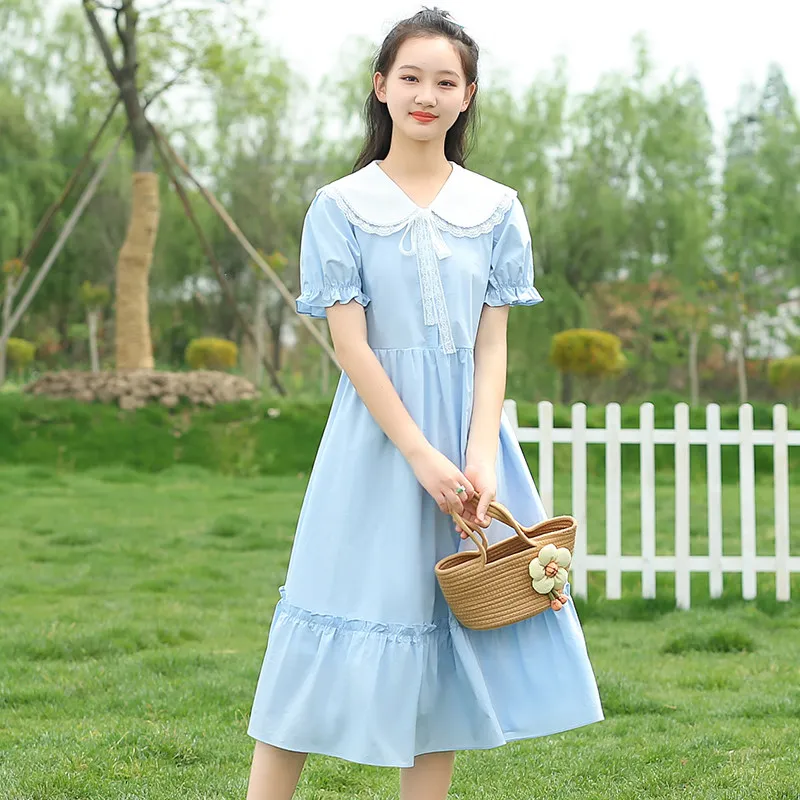 

Preppy Style Midi Dress For Teens - Peter Pan Collar Bow Tie Cotton Dress Casual Summer Outfit Japanese Student Dress