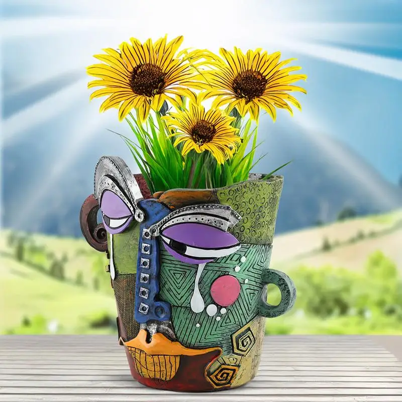 Face Planter Flower Pots Abstract Head Plant Pot Colorful Unique Funny Creative Resin Head Flower Pots For Offices Living Room