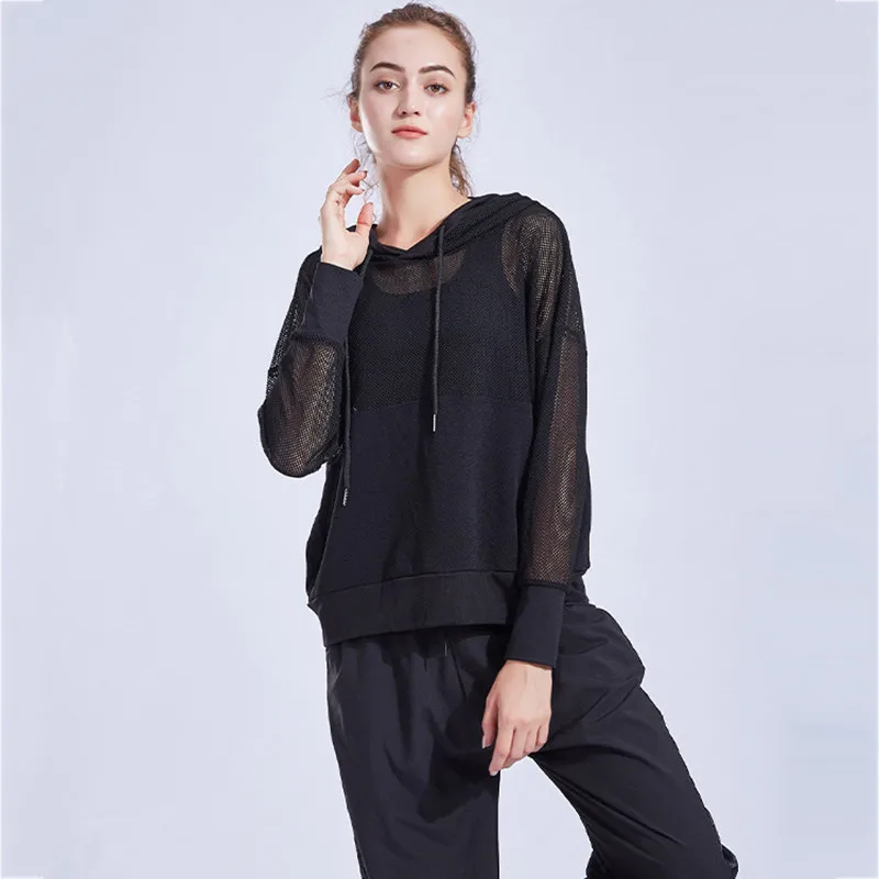 New Women Loose Casual Mesh Mask Yoga Fitness Sportswear Long-Sleeve Running Trainning Hooded Top Breathable Sports Sweatshirt