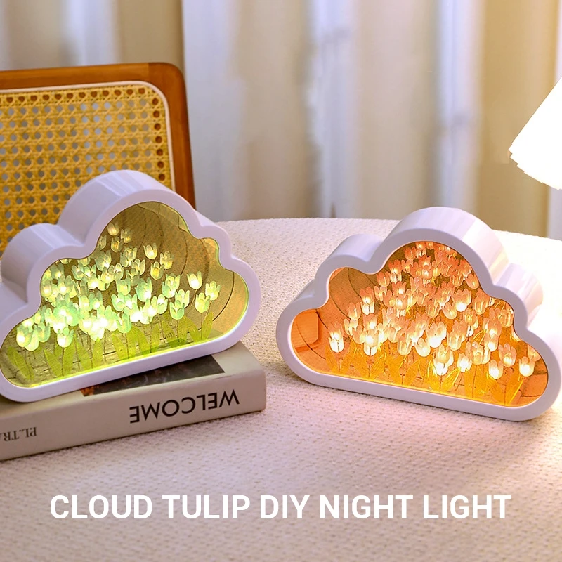 Handmade DIY Tulip Flower Sea Cube Small Night Lamp Material Package LED Tulip Flower Night Light Decor for Girlfriends New 2024