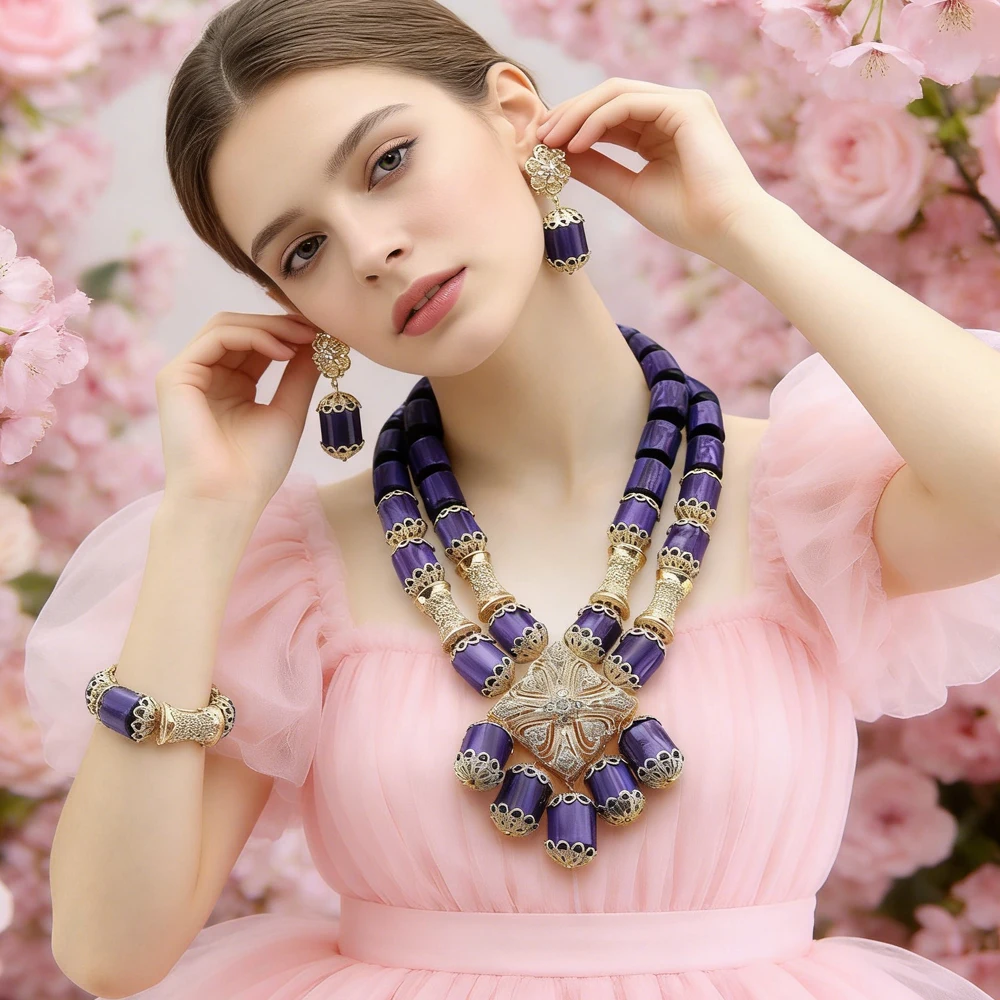 

Двухслойное ожерелье из смолы, модный женский комплект украшений, новинка, эффектный чокер, серьги, браслет, африканский нигерийский свадебный стиль