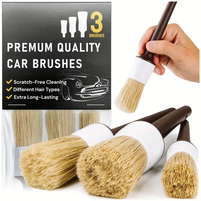 3pcs Car Exterior Interior Detail Brush Boar Hair Bristle Brushes for Car Cleaning Auto Detail Tools Dashboard Cleaning Brush