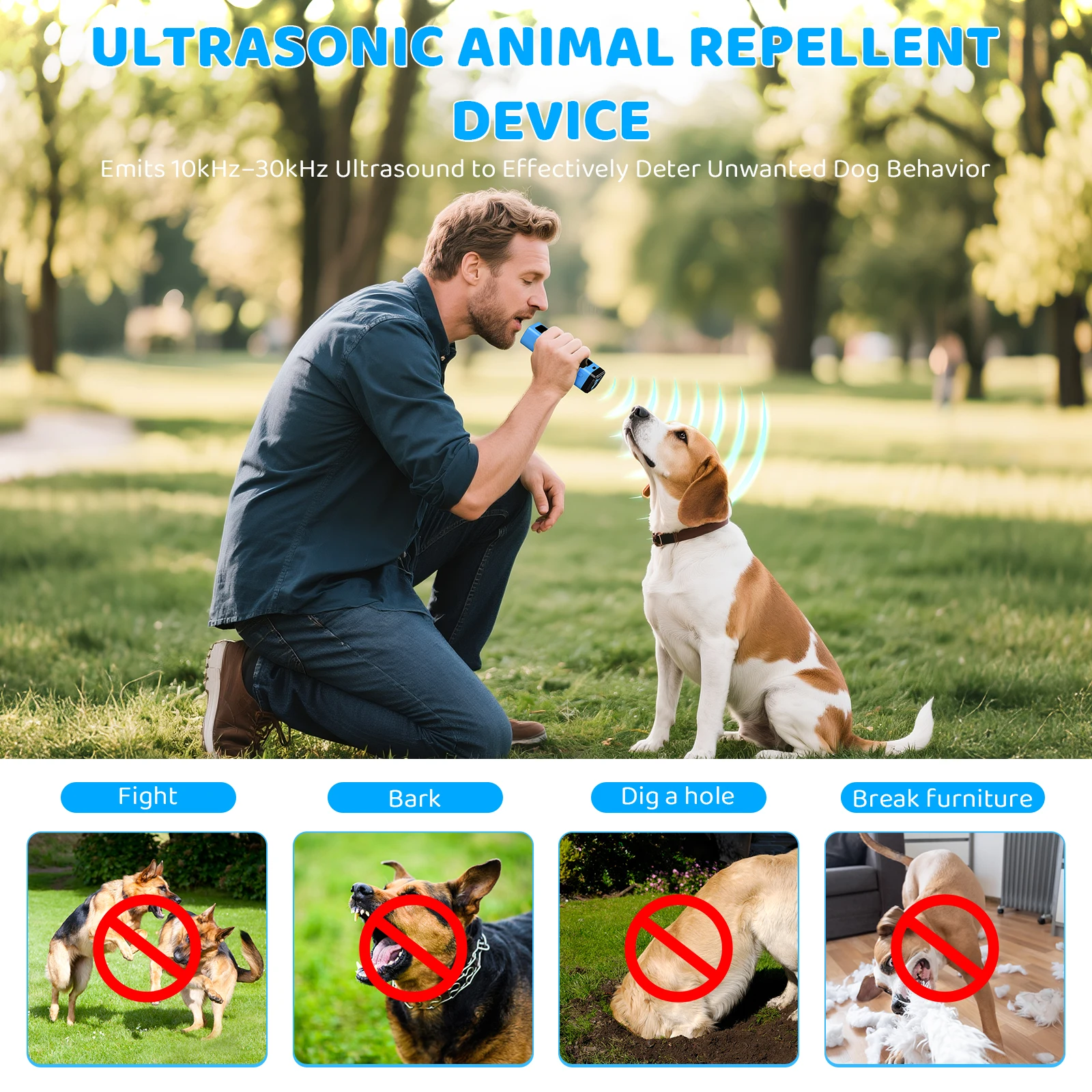 Ditital DisplayUltrasonic Dog Bark Deterrent,Dual Transmitters Handheld Anti Barking Training Device with Flashlight