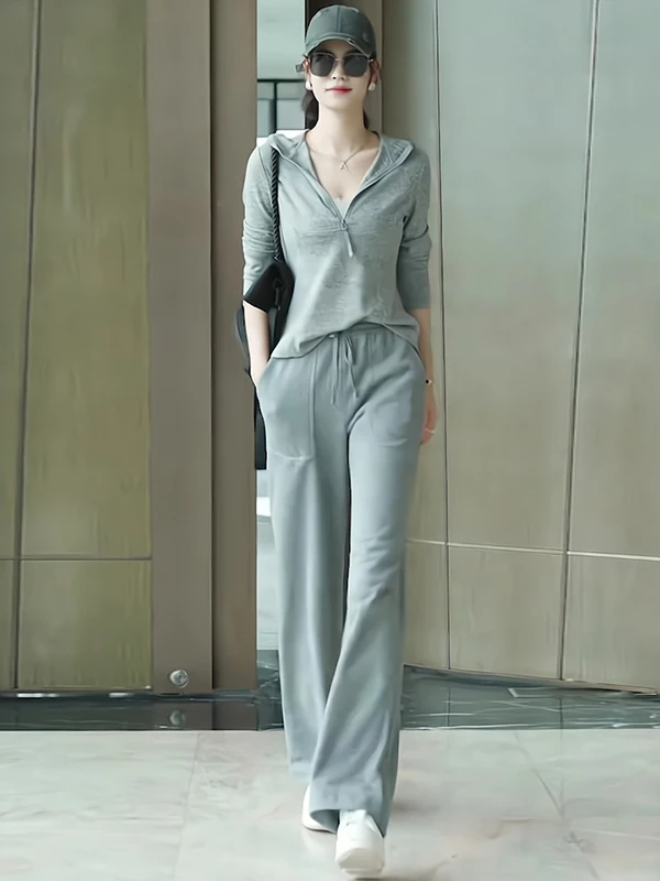 

Outdoor Running Casual Sportswear Set Women's Slimming Grey Long Sleeve Top Wide Leg Pants Two Piece Set Summer Fashionable