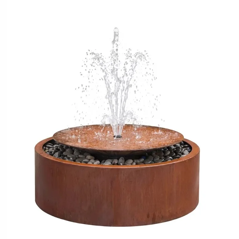 Weathering Steel Circular Ring Water Curtain Flow Ornament Square Base Outdoor Patio Garden Landscape Craft Furnishing