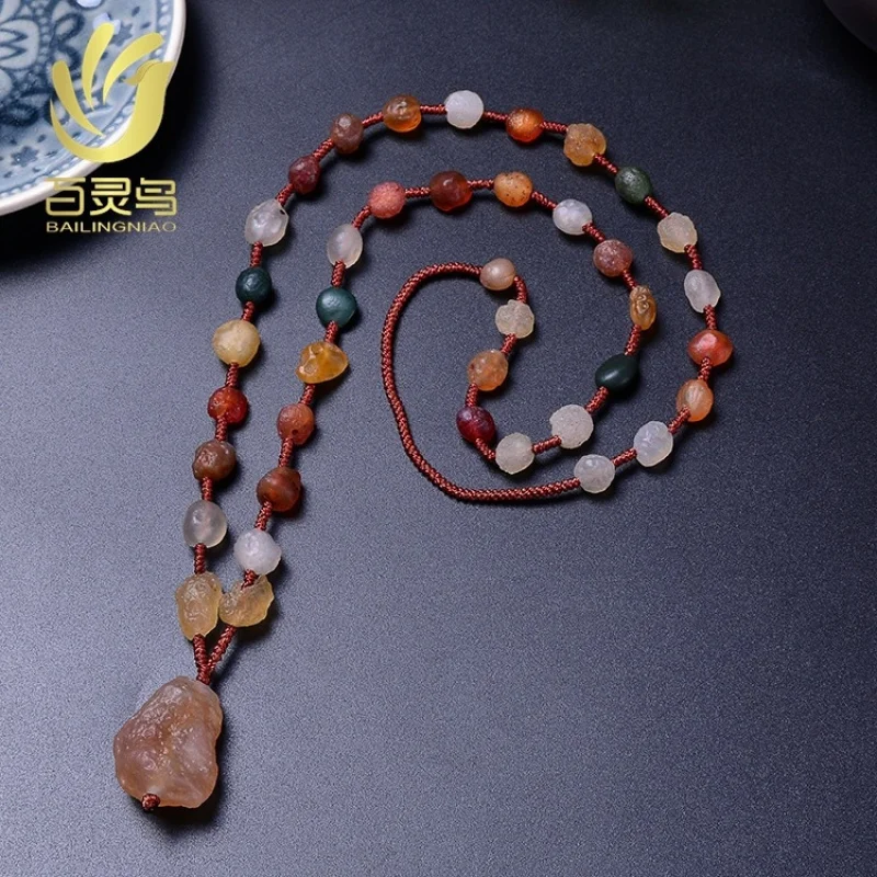 Alashan Gobi Agate Rough Stone Necklace Raisin Color Candy round Beads Sweater Chain